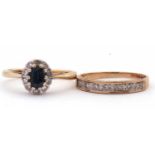 18ct gold sapphire and diamond cluster ring, the oval faceted sapphire, 6 x 4mm, raised above a