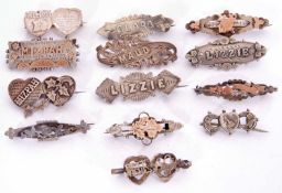 Mainly antique silver brooches to include three Mizpah examples, named examples 'Lizzie', 'Maud',