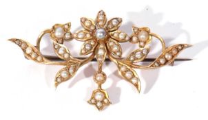 Antique seed pearl brooch, floral leaf and bud design, highlighted throughout with small graduated
