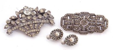 Mixed Lot to include a marcasite plaque brooch in Art Deco style stamped 'silver', 45mm long, a pair