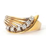 Diamond set designer ring, a stylised fan design set with six small diamonds, 0.27ct each, size L,