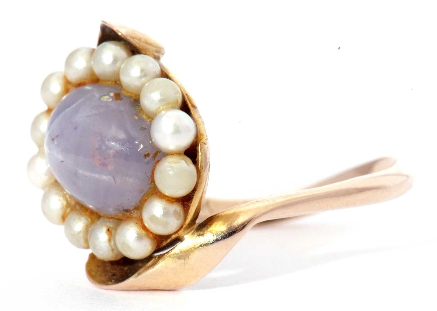 Modern moonstone and seed pearl ring, the cabochon moonstone within a seed pearl surround, between - Image 9 of 9