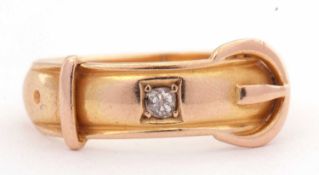 15ct stamped gold buckle ring, highlighted with a small old cut diamond, Chester assay, g/w 3.