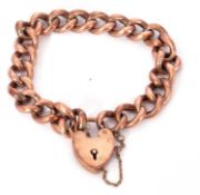 Antique 9ct rose gold hollow link curb link bracelet, with heart and padlock safety chain