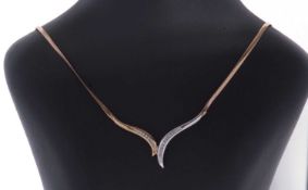 Modern Italian 9ct gold and diamond set necklace, the stylised tri-colour curved bar design