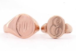 Two 9ct gold signet rings, both engraved with initials, 6.7gms g/w, one with a locket compartment (
