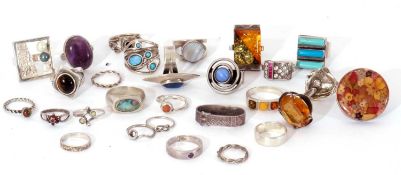 Mixed mainly white metal modern rings to include amber, opal, amethyst etc, 120gms g/w, (27)