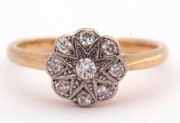 Antique diamond cluster ring, the principal old cut diamond 0.07ct approx, surrounded by eight small