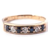 9ct gold diamond and sapphire ring, alternate set with five round cut sapphires and three small