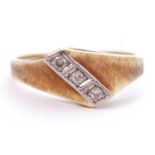 585 stamped ring featuring three small paste stone, offset between angular burnished shoulders, size
