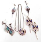 Modern 925 stamped and enamel pendants, chains and three pairs of pendant earrings, all in the