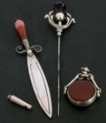 Silver and agate handled page marker, Birmingham 1901, a silver bloodstone and carnelian swivel fob,