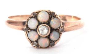 9ct gold opal, paste and diamond set cluster ring, the centre with a small paste set stone,