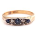 Antique sapphire and diamond ring of boat shape, featuring three round graduated cut sapphires and
