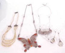 Mixed Lot to include a large filigree work butterfly necklace set with coloured red and orange