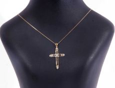 Modern 9ct gold sapphire and small diamond cross pendant, 35 x 20mm on a 375 stamped trace chain