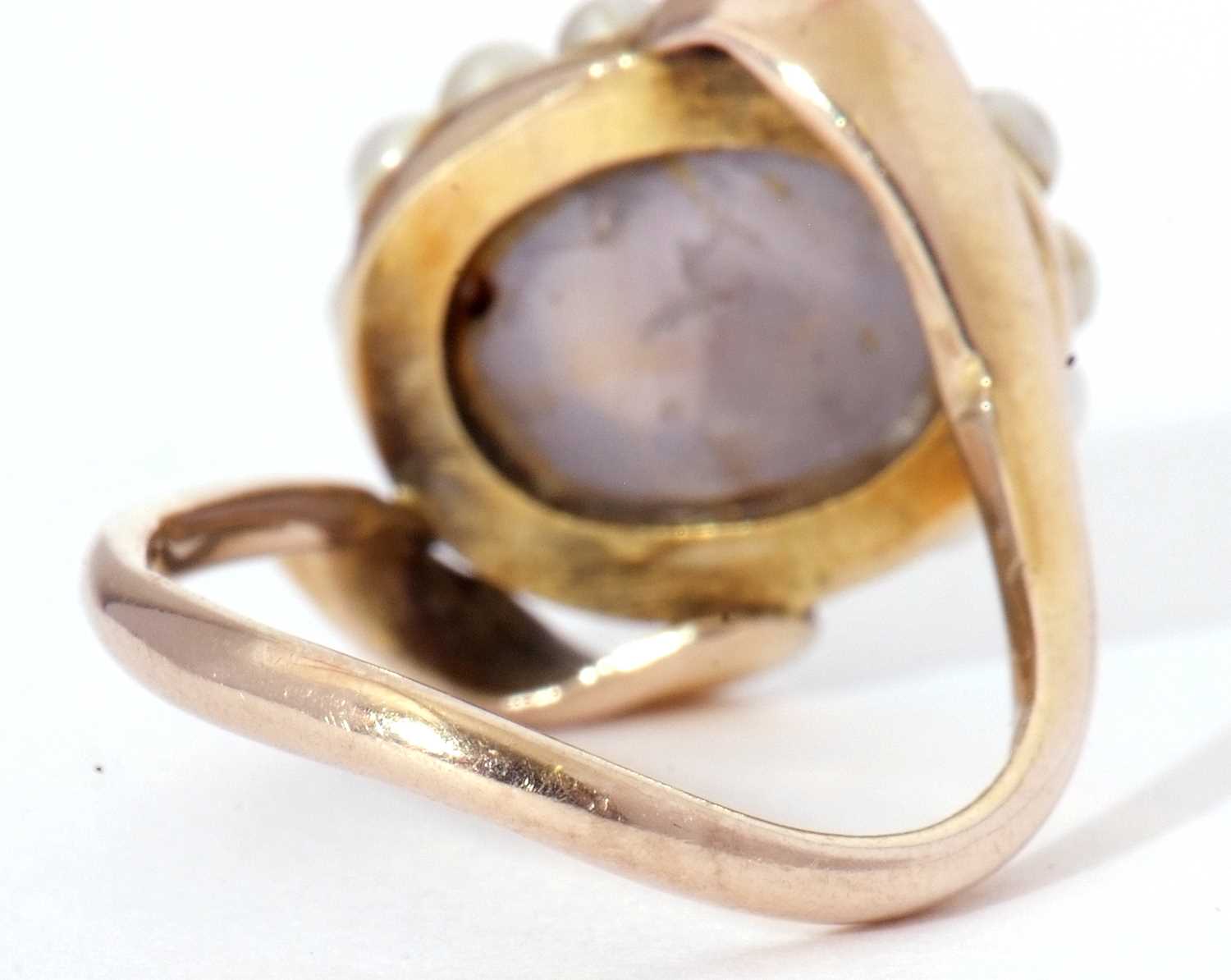 Modern moonstone and seed pearl ring, the cabochon moonstone within a seed pearl surround, between - Image 7 of 9