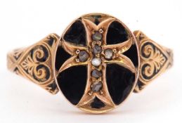 Victorian black enamel and diamond set mourning ring, the oval panel engraved with a central cross