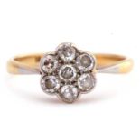 Antique diamond cluster ring with seven old cut diamonds in a flowerhead design, 0.33ct approx,