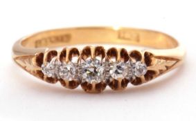 Five stone diamond ring featuring five graduated mixed cut small diamonds, each individually claw