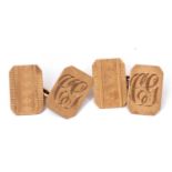 Pair of 9ct stamped cuff links, rectangular shaped panels, one side with initials, verso engine