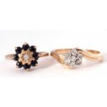 A 9ct gold sapphire and diamond cluster ring, size L, together with a 9k stamped small diamond