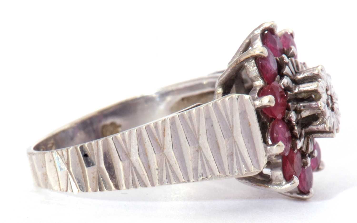 9ct white gold ruby and diamond cluster ring, the centre with a small diamond in illusion setting, - Image 2 of 8