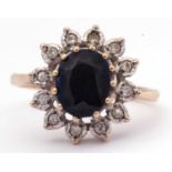 9ct gold sapphire and diamond cluster ring, the oval faceted sapphire 8 x 5mm, multi-claw set and