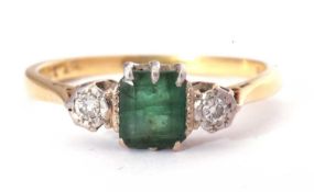 Emerald and diamond three stone ring, the square cut emerald 6mm square, flanked by two small