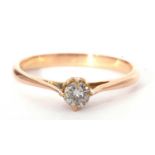 Single stone diamond ring featuring a round brilliant cut diamond, 0.20ct approx, coronet set and