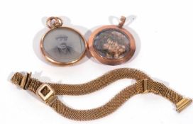 9ct stamped meshwork bracelet, 5.2gms, a Victorian 9ct framed double sided locket, Chester 1900,