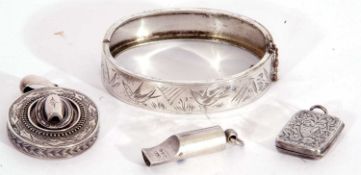 Hallmarked silver miniature whistle, Birmingham 1888, an antique oval locket engraved detail back