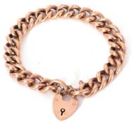 Antique 9ct rose gold curb link bracelet with heart padlock and safety chain fittings (with lead