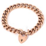 Antique 9ct rose gold curb link bracelet with heart padlock and safety chain fittings (with lead