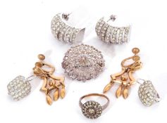 Mixed lot to include sterling marked filigree floral brooch, silver marked paste ring, two pairs