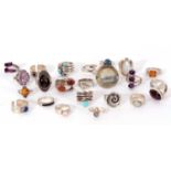 Mixed white metal modern rings to include opal, turquoise, amber and moonstone examples, g/w 135gms,