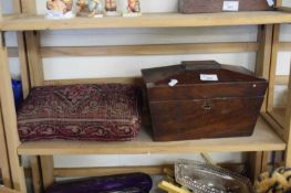 SARCOPHAGUS FORMED TEA CADDY AND A VINTAGE PRAYER KNEELER