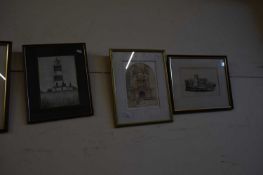 BLACK AND WHITE PRINT, FELTHORPE CHURCH, FURTHER PRINT OF HAPPISBURGH LIGHTHOUSE AND ANOTHER,