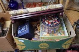 BOX OF VARIOUS JIGSAW PUZZLES, ADJUSTABLE FOOT STOOL ETC