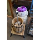 WOODEN FRAMED FRUIT PRESS TOGETHER WITH VARIOUS BREWING BUCKETS AND ACCESSORIES