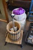 WOODEN FRAMED FRUIT PRESS TOGETHER WITH VARIOUS BREWING BUCKETS AND ACCESSORIES