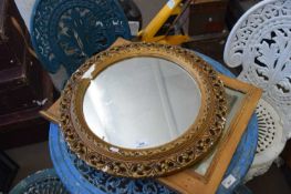 CIRCULAR WALL MIRROR IN PLASTERWORK FRAME AND A FURTHER PINE FRAMED MIRROR (2)