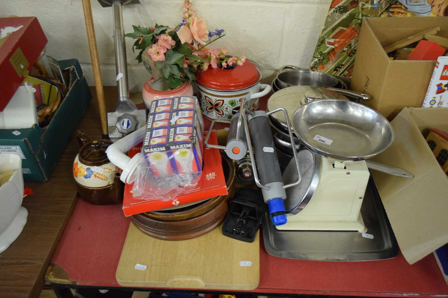 LARGE LOT OF KITCHEN WARES, SCALES, BOXED LIGHT BULBS ETC