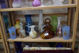 COLLECTION VARIOUS COLOURED ART GLASS VASES, ROYAL COMMEMORATIVE GLASS BEAKERS