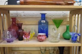 COLLECTION OF VARIOUS COLOURED GLASS WARES TO INCLUDE HANDKERCHIEF VASE, VARIOUS VASES, ETC