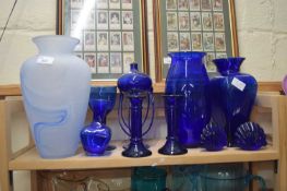 COLLECTION VARIOUS BLUE GLASS VASES, CANDLESTICKS ETC