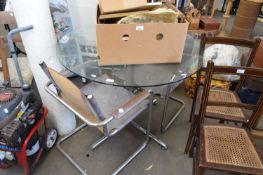 RETRO MID-CENTURY GLASS TOP DINING TABLE AND TWO LEATHER AND METAL FRAMED CHAIRS