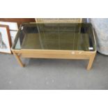 SMALL RETRO TEAK COFFEE TABLE WITH SMOKED GLASS TOP
