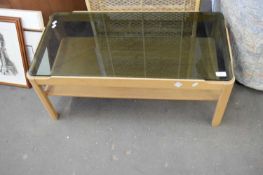 SMALL RETRO TEAK COFFEE TABLE WITH SMOKED GLASS TOP