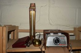 LARGE COPPER MOUNTED THERMOMETER, A NORRIS PROJECTOR, HIP FLASK, CARD GAME ETC